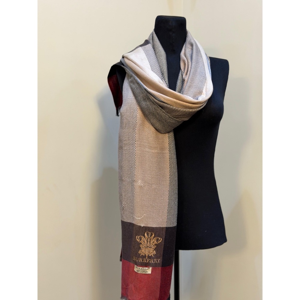 Burberry London 100% Cashmere Scarf Made in England Crest Logo Striped Wrap